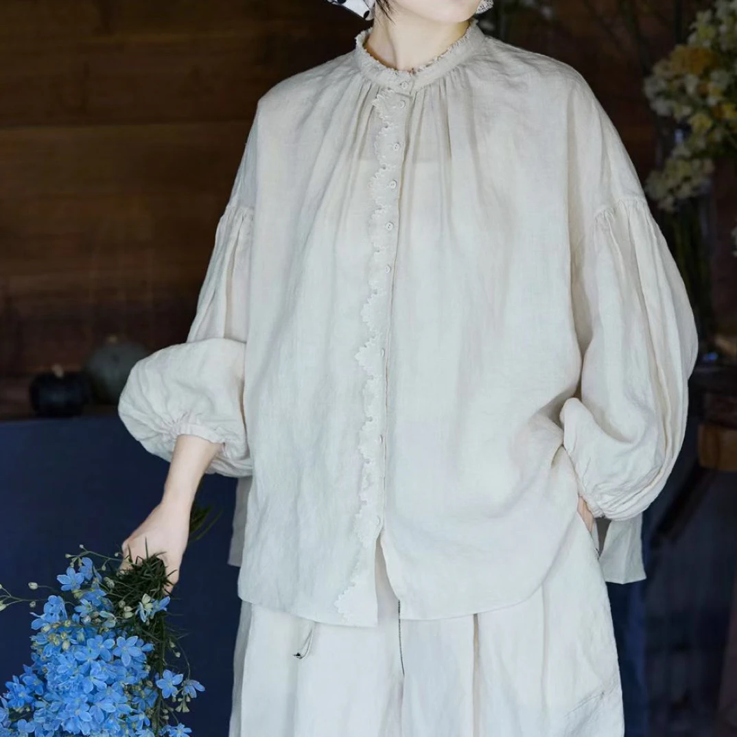 【民艺】夏款古董白亚麻复古仙气中式衬衫7587B