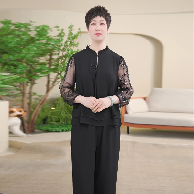 25年春夏新款套装薄款中老年女装雪纺衫开衫拼接秋季BQ02009366