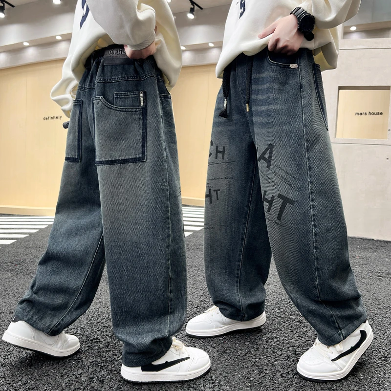 男童秋季裤子痞帅2025新款韩版中大童直筒字母印花宽松百搭牛仔裤