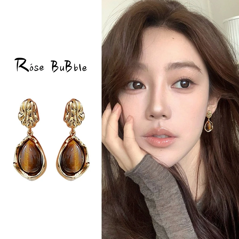 虎眼石复古耳钉感中古风小众欧美气质美拉德耳环秋冬耳饰耳坠