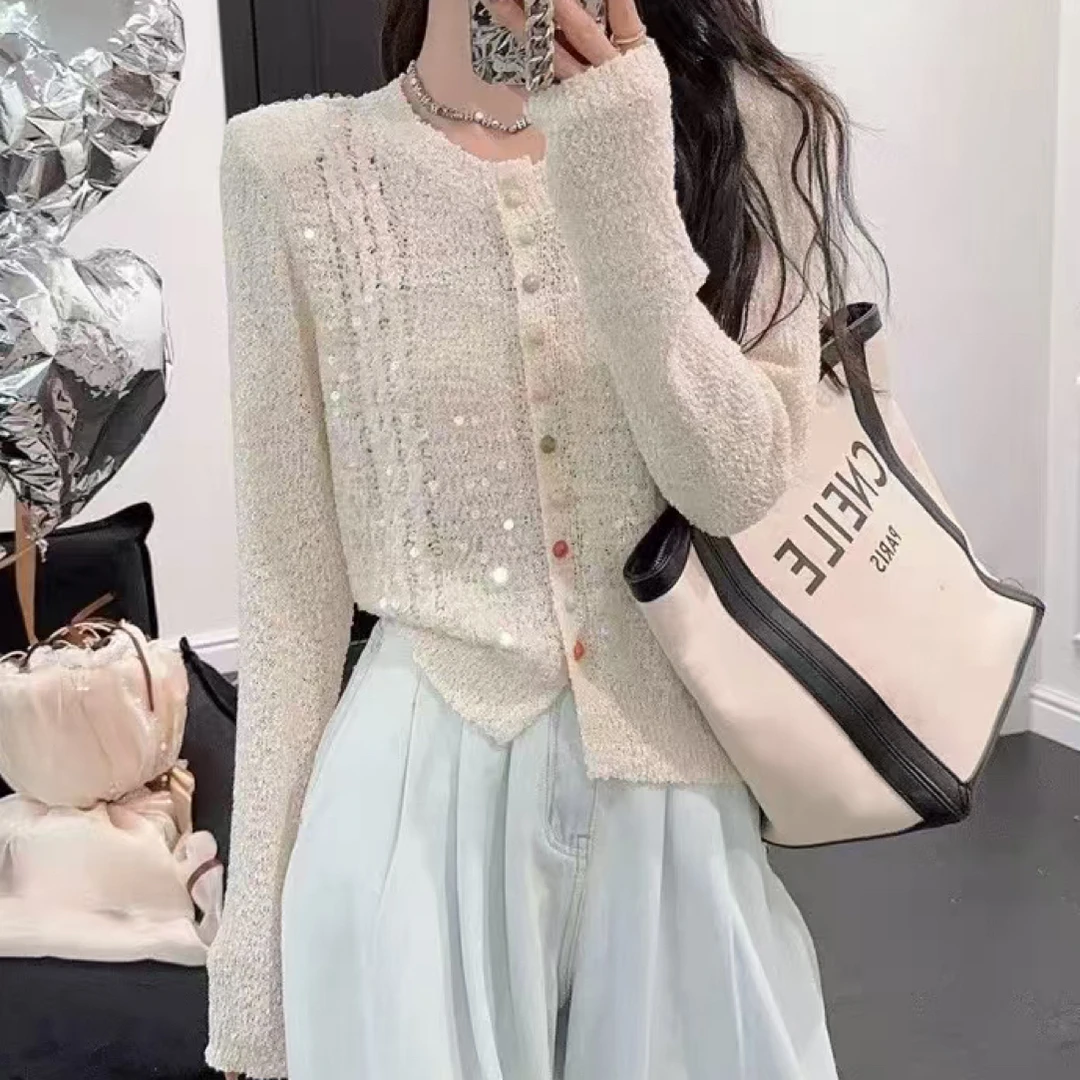 春秋穿搭小香风圆领彩扣针织开衫高级感亮闪闪上衣