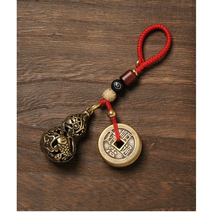 十二生肖纯黄铜貔貅与转钱葫芦五帝钱组合汽车钥匙扣挂件