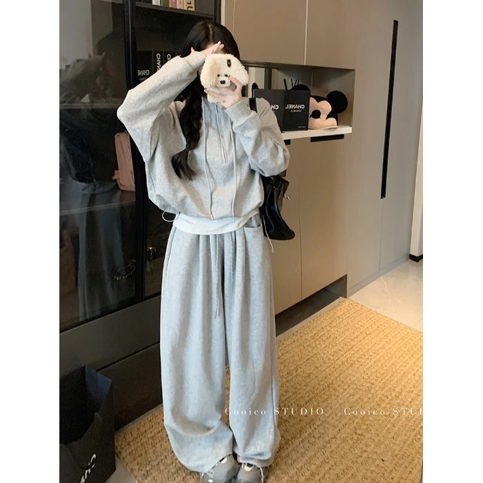 慵懒风宽松抽绳立领长袖卫衣女秋季灰色套装垂感休闲阔腿裤两件套