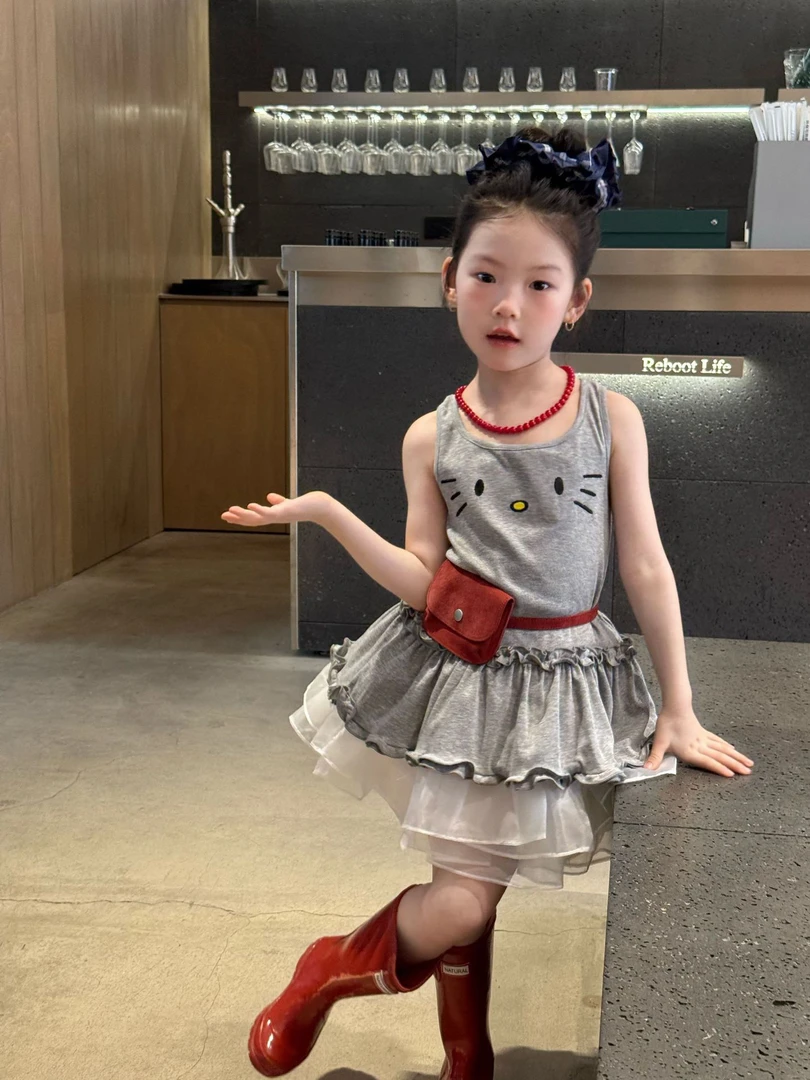 GUSHI·灰色猫咪花边背心裙·白色蓬蓬裙