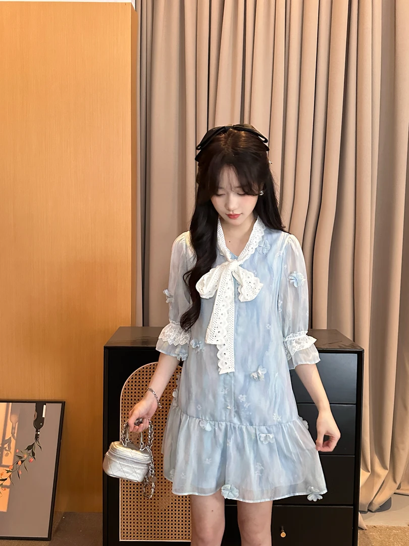 周周【花间物语】夏款韩系短袖波点百褶裙减龄显瘦千金风宽松显瘦裙