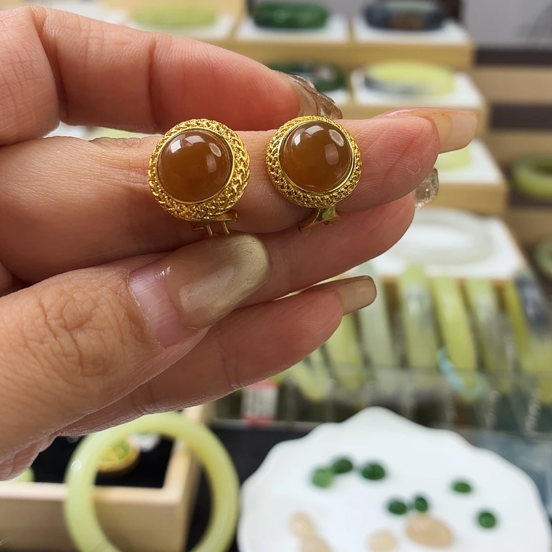 和田玉银S925镶嵌耳饰