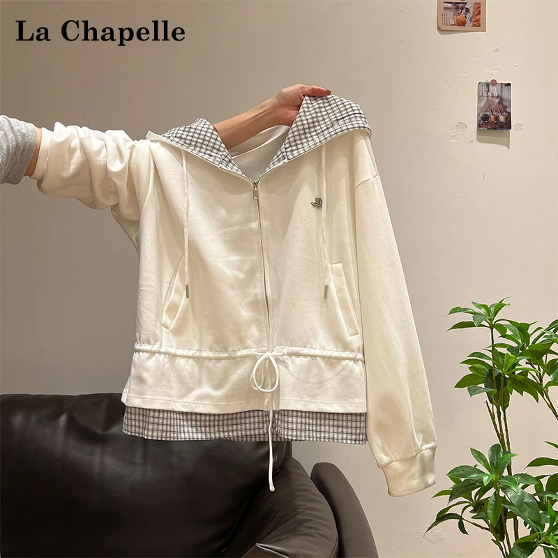 拉夏贝尔假两件抽绳系带拉链连帽开衫长袖卫衣女2025年早秋款上衣