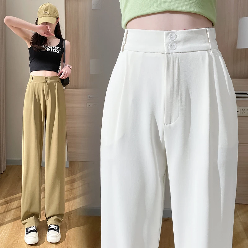 冰丝窄版阔腿裤女夏季薄款高腰宽松垂感直筒雪纺小个子加长西装裤