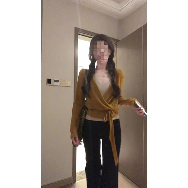 韩系慵懒V领长袖针织衫挂脖吊带套装女早秋2025新款上衣裤子套装