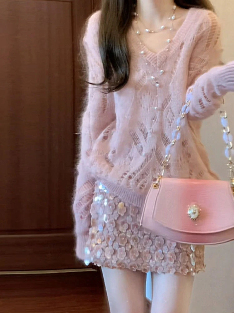 2025秋季新款小香风纯欲温柔镂空针织上衣亮片半身裙气质两件套装