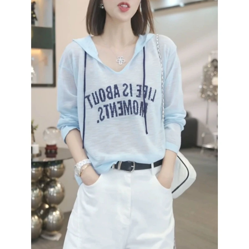 蓝色冰丝长袖针织t恤女夏连帽罩衫2025新款韩系薄款显瘦上衣