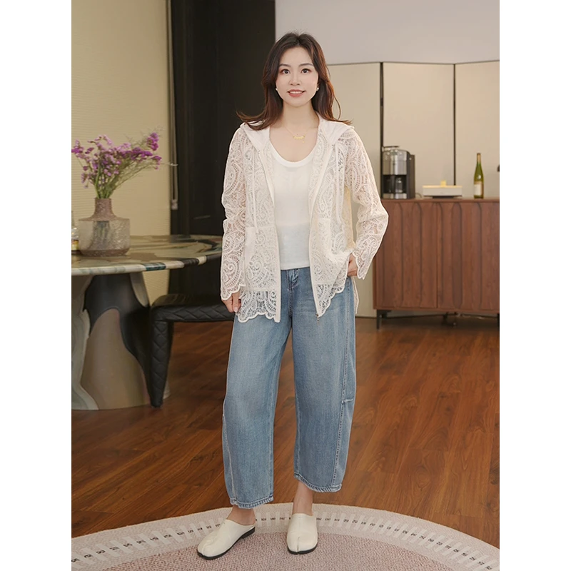 【猫猫】花漾防晒 蕾丝连帽中长款女夏季外套宽松上衣镂空MC5812