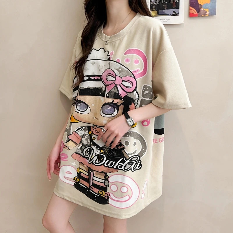 慵懒风纯棉短袖T恤女2025夏季新款韩版宽松显瘦遮肉卡通印花上衣