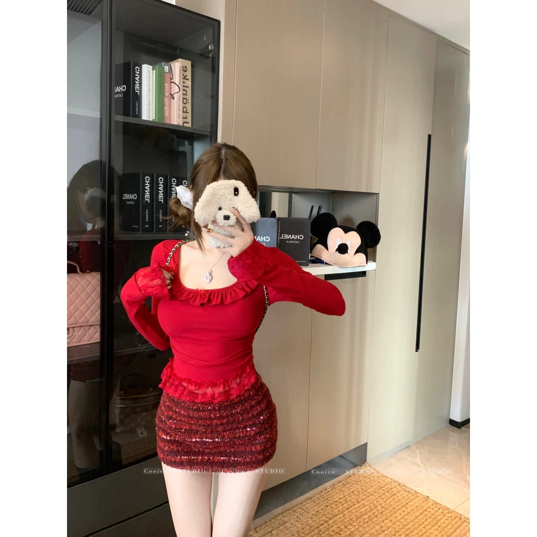 【梦梦】大码新款掐腰小心机纯欲蝴蝶结蕾丝打底衫长袖叠穿百搭