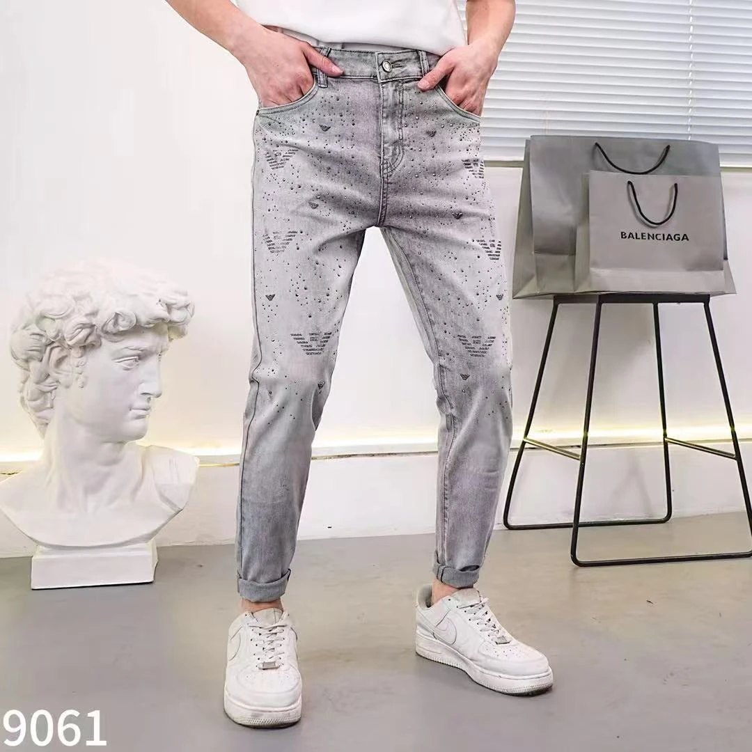 男装夏季裤子韩版弹力破洞牛仔裤弹力烫钻法式修身