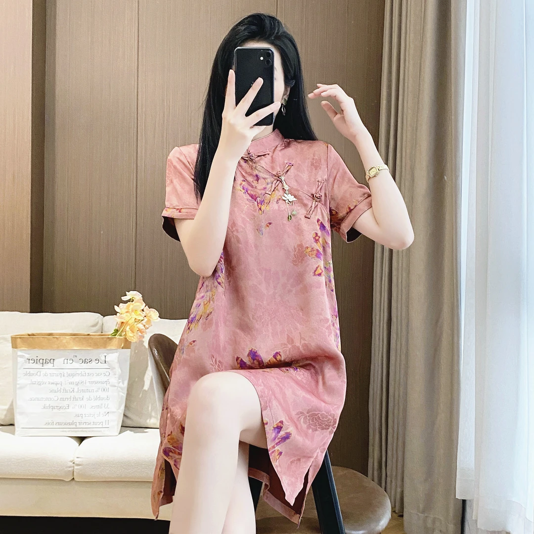 2025夏季新款人丝提花新中式国风改良旗袍修身显瘦唐装立领连衣裙