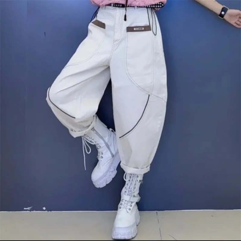 大码宽松新款时尚拼接个性韩版潮流哈伦裤洋气百搭休闲水洗牛仔裤