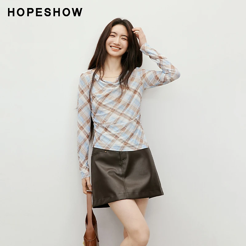 红袖2025秋新款女装  格纹荡领捏褶开叉长袖上衣90225210203