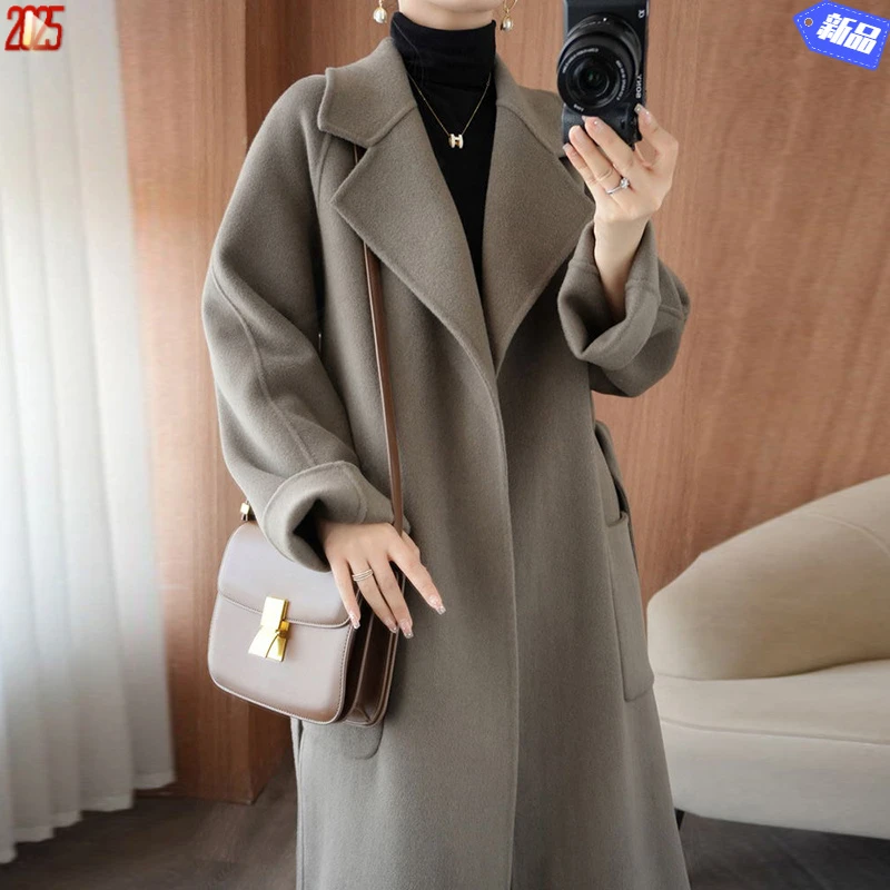 100%纯羊毛双面呢羊绒大衣女大码休闲气质韩版宽松长款羊毛呢外套