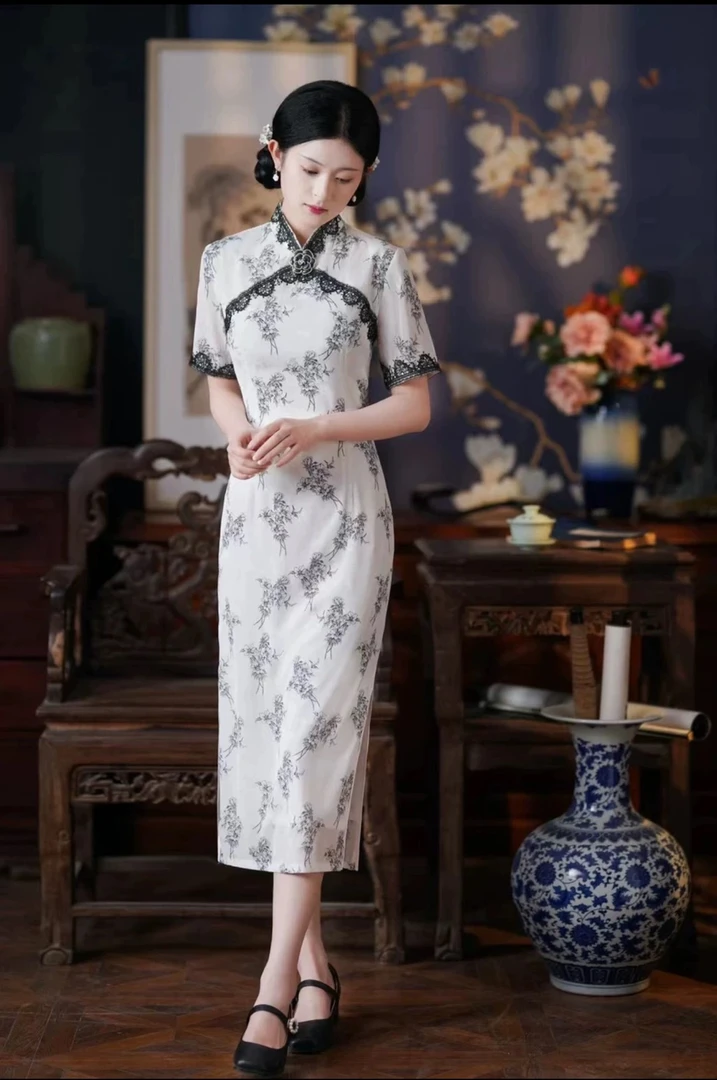 294 年轻款美龄襟花边长款|水墨|旗袍