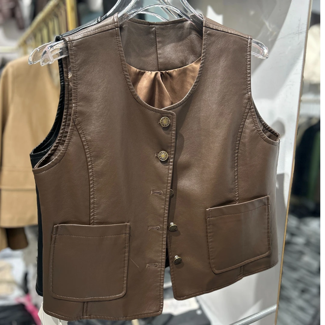 欧货春季新款皮衣女进口无袖皮马甲不规则收腰显瘦马夹春秋洋气潮