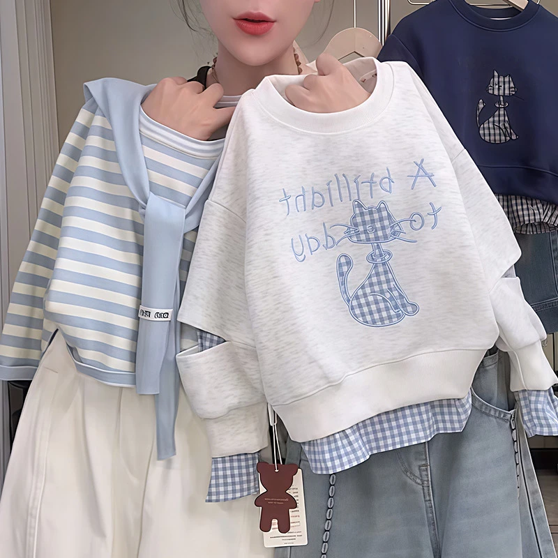 女童假两件卫衣2025新款春秋款初中生格子拼接刺绣猫咪打底衫上衣