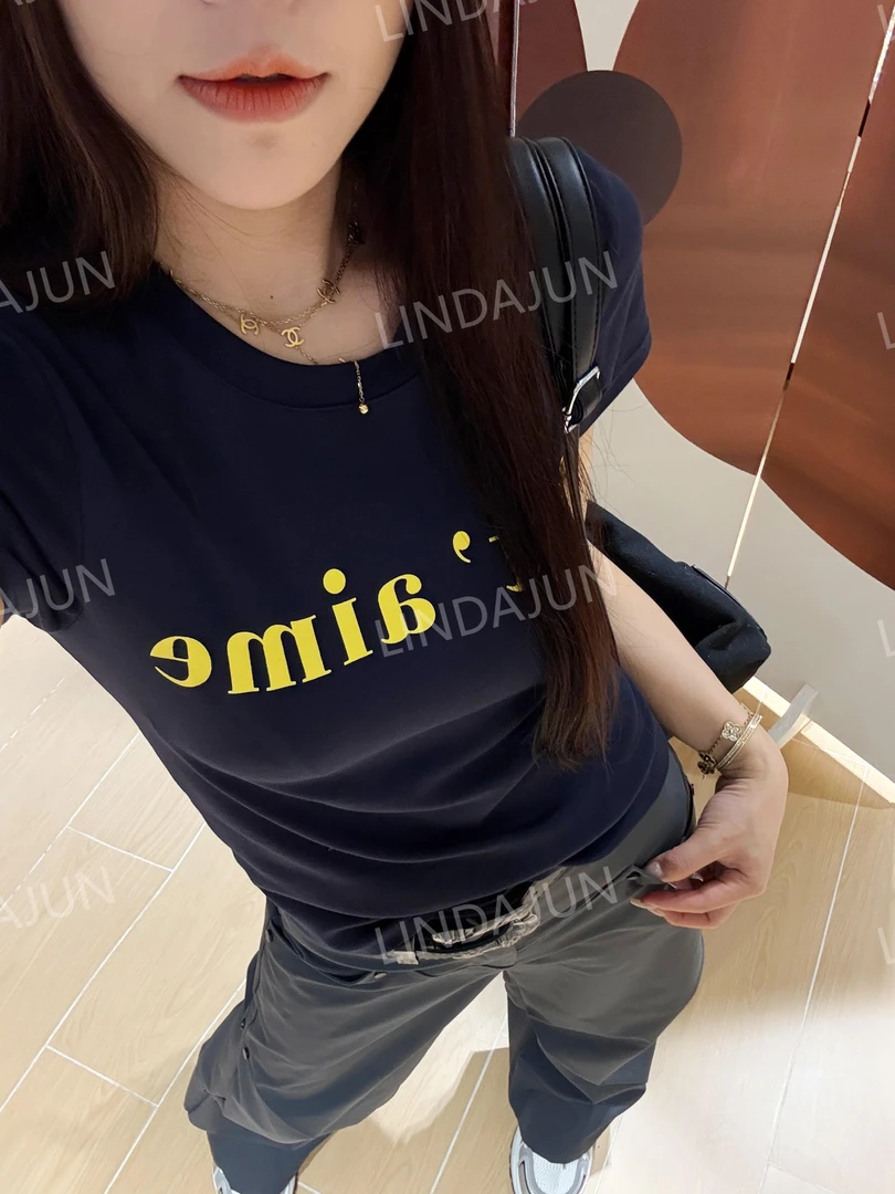 大君君「欧式简约」新款春夏显瘦蓝色短袖字母T桖