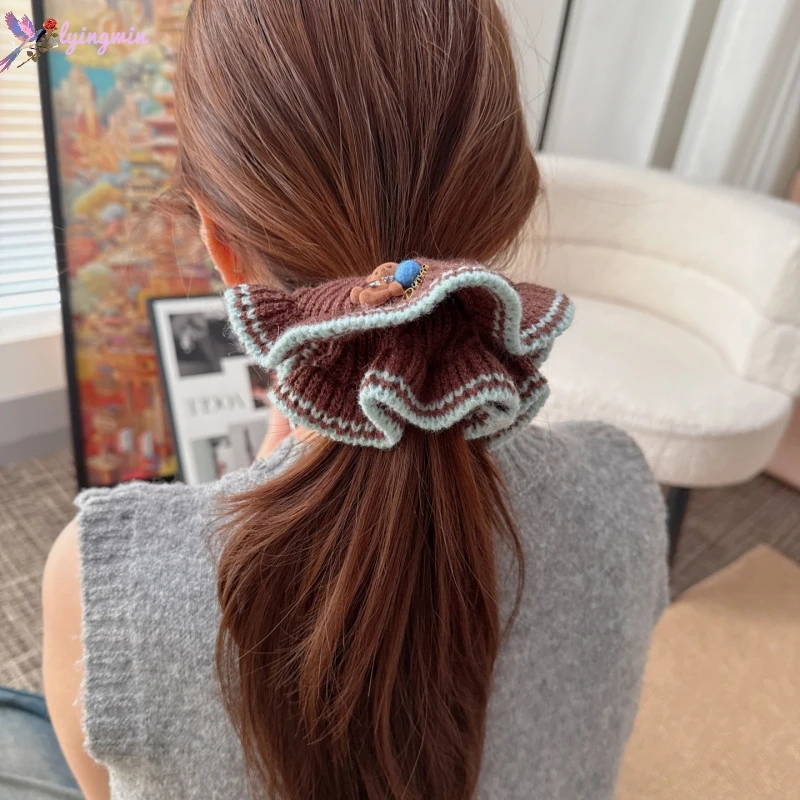韩系秋冬新款毛线小熊大肠发圈成人甜美气质扎马尾丸子头绳女发绳