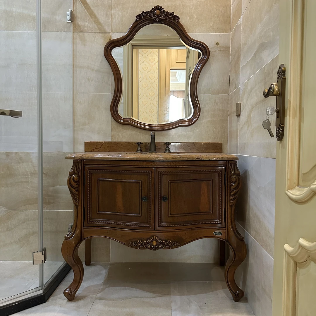 （110*65*93）奥克维尔全实木天然大理石单人洗手柜带镜子榆木-2010