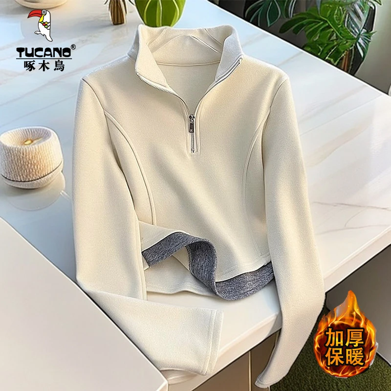 啄木鸟冬季新款立领德绒假两件长袖修身显瘦半拉链上衣设计感小众