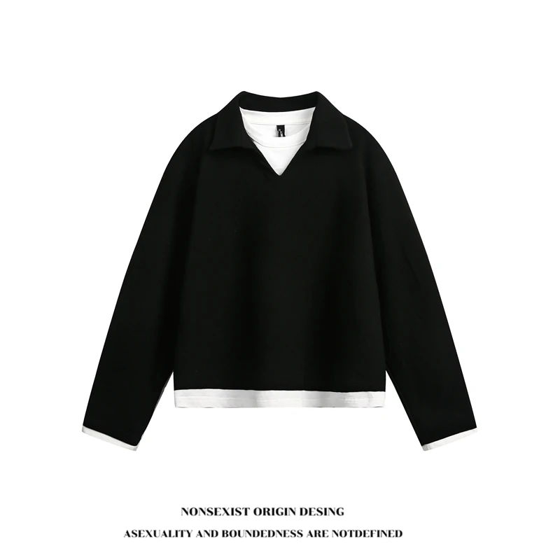 NONSEXIST 原创国潮假两件美式复古cleanfit上衣V领情侣长袖T恤