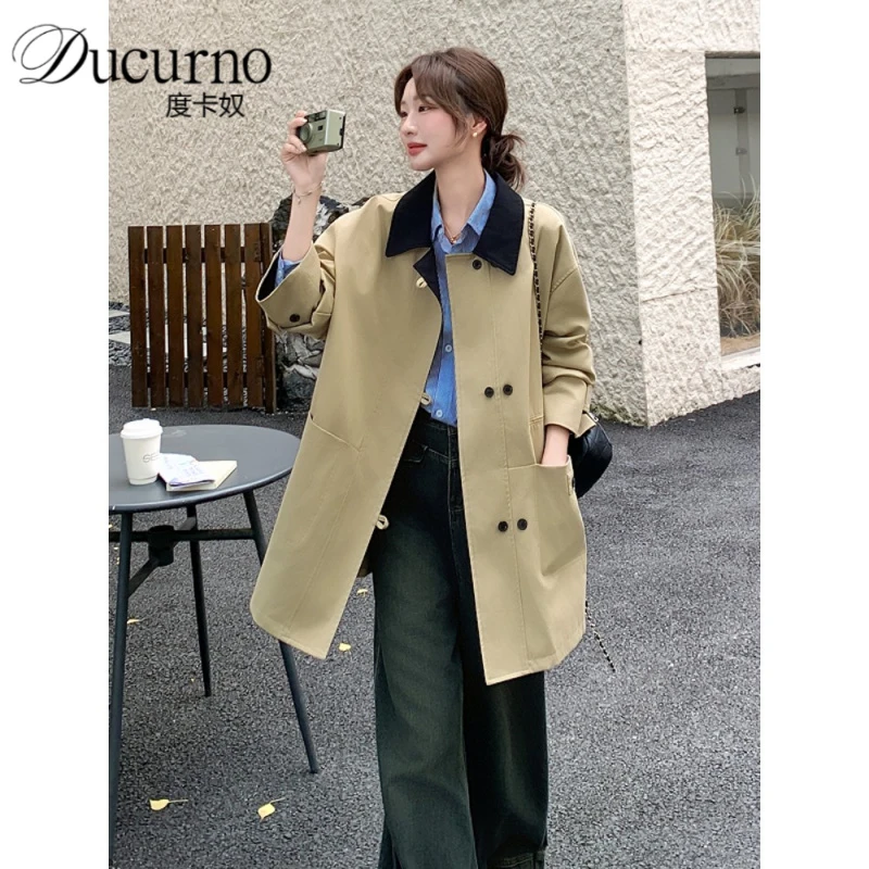 撞色翻领风衣女2025秋季新款气质复古高级感英伦风宽松中长款外套