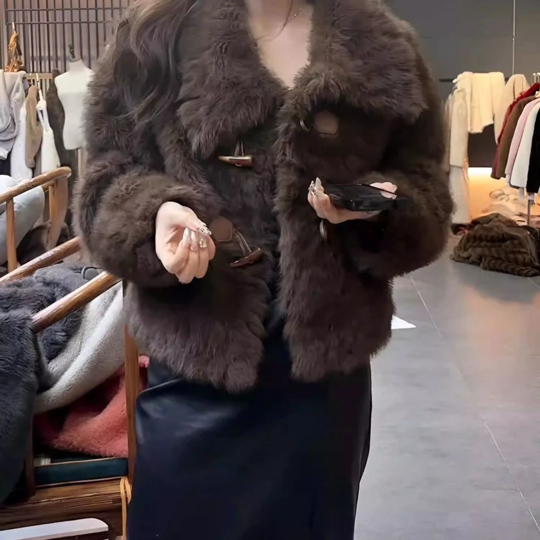 新款减龄外套毛毛女外套冬季秋冬女翻领短款加厚保暖大码女装女款