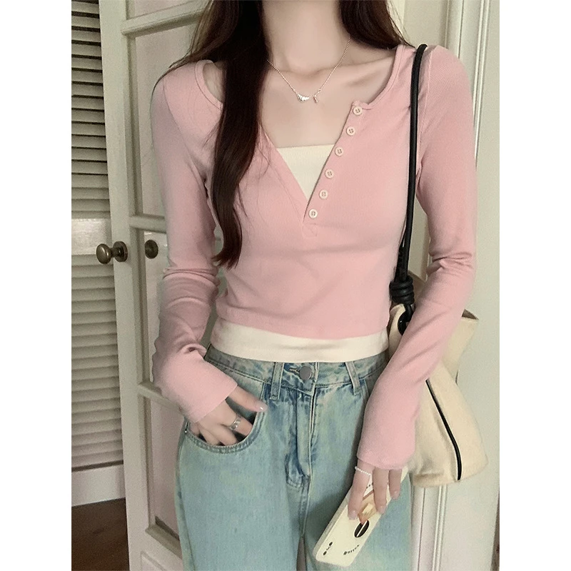 假两件正肩粉色长袖T恤女春季内搭修身显瘦独特别致甜辣打底上衣