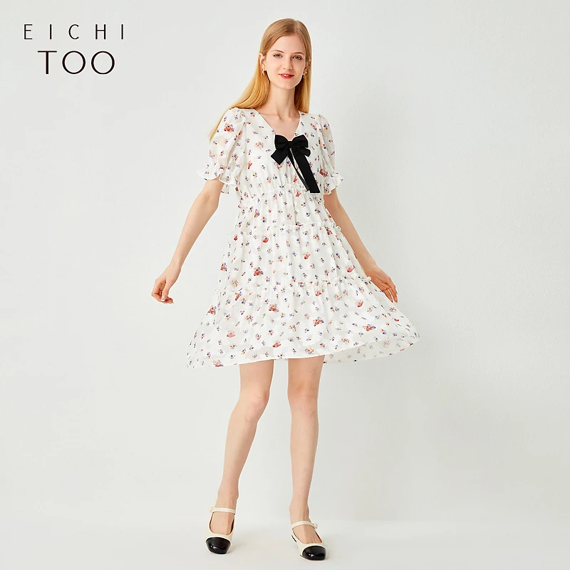 A爱居兔夏可脱卸蝴蝶结蛋糕裙木耳边A字短袖连衣裙EQLBJ2M819A