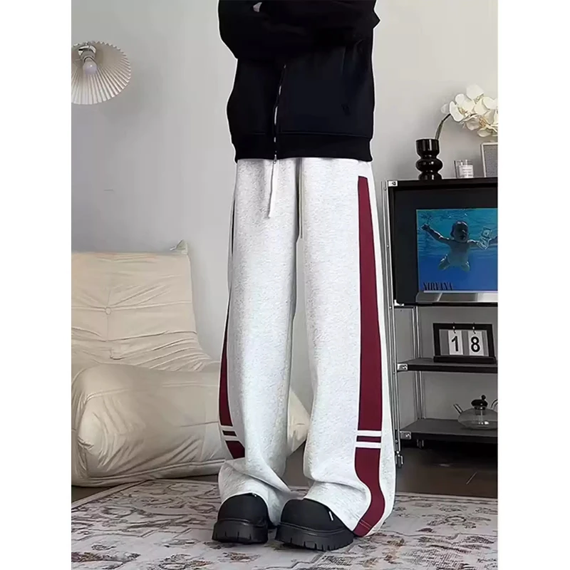 花灰色撞色拼接弯刀卫裤男款重磅垂感阔腿运动裤美式复古镰刀裤子