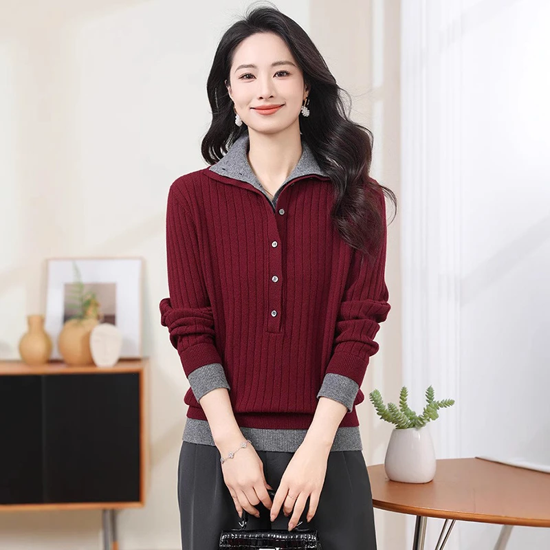 现货2025春秋方领领毛衣女士假两件套头长袖秋冬打底针织衫上衣