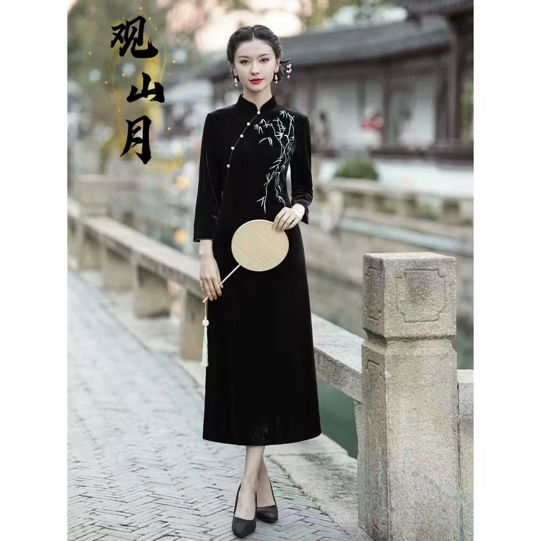 观山月【竹报平安】新款A版显瘦显高高级气质旗袍裙 M-4XL