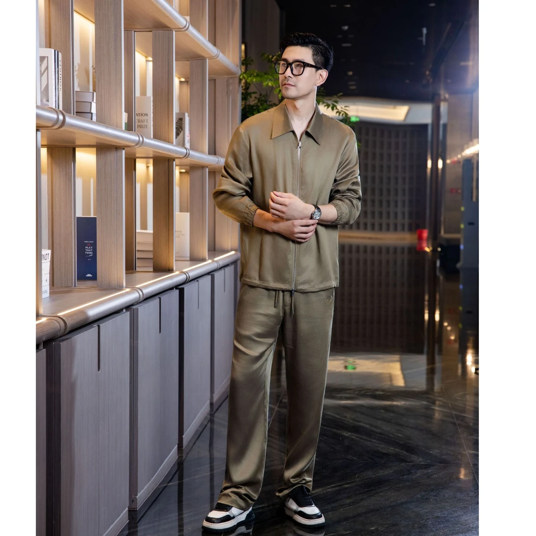 老钱风翻领男夏季轻奢级美式肌理感男士长袖套装