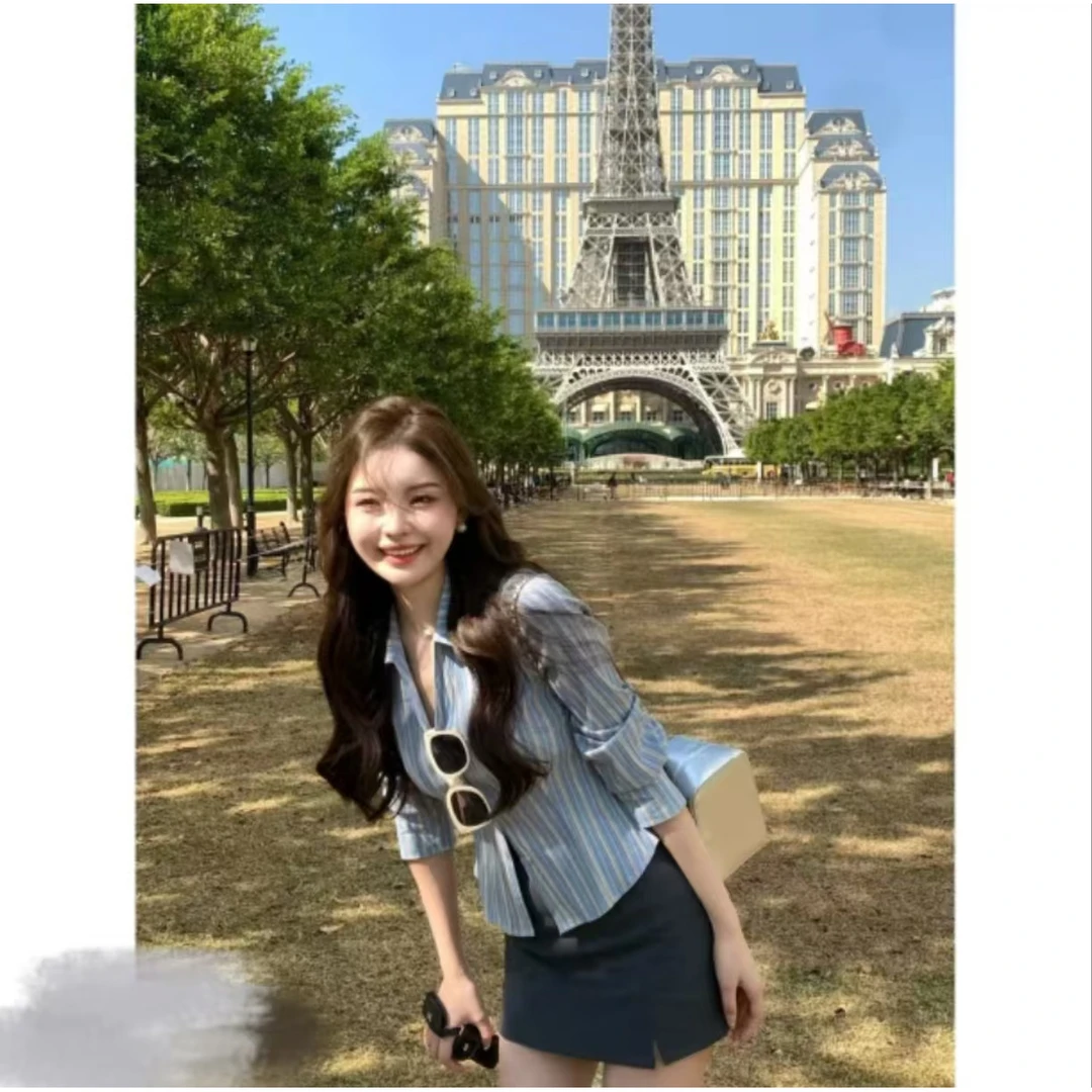 小个子穿搭一整套2025春季新款气质时尚条纹衬衫包臀半身裙两件套