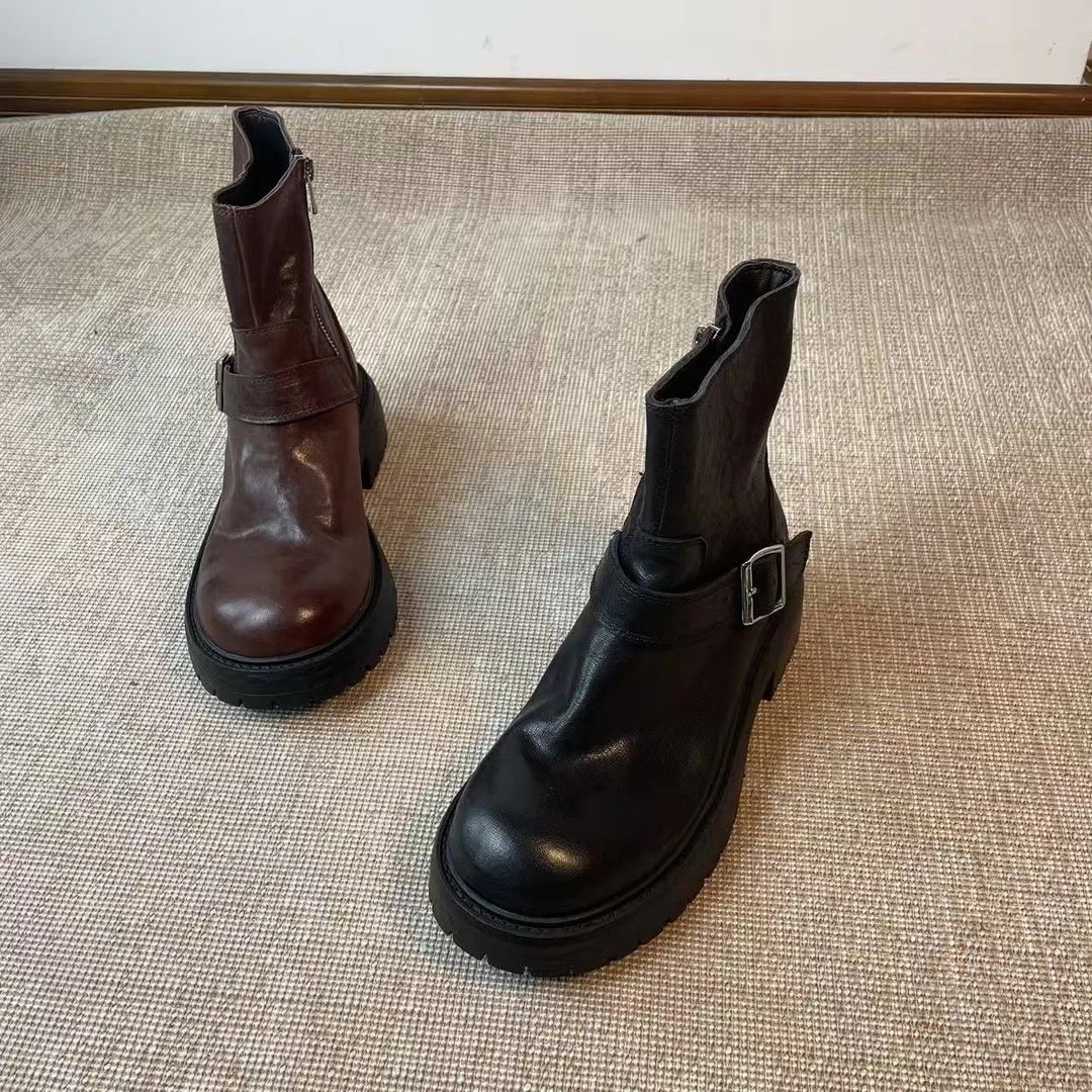 34-40码马皮侧拉链圆头粗跟短靴复古擦色做旧有质感