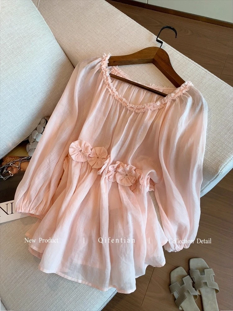 粉色手工花朵圆领灯笼袖衬衫女2025早秋新款小众温柔气质薄款上衣