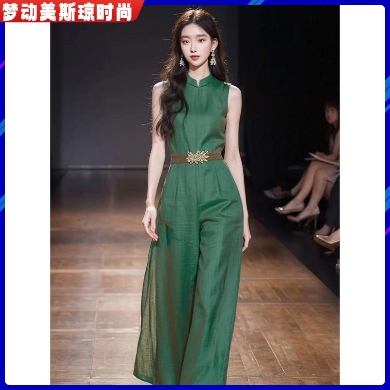 12025独特连衣裤超好看高端精致新中式国风绿色连体裤子女夏季I