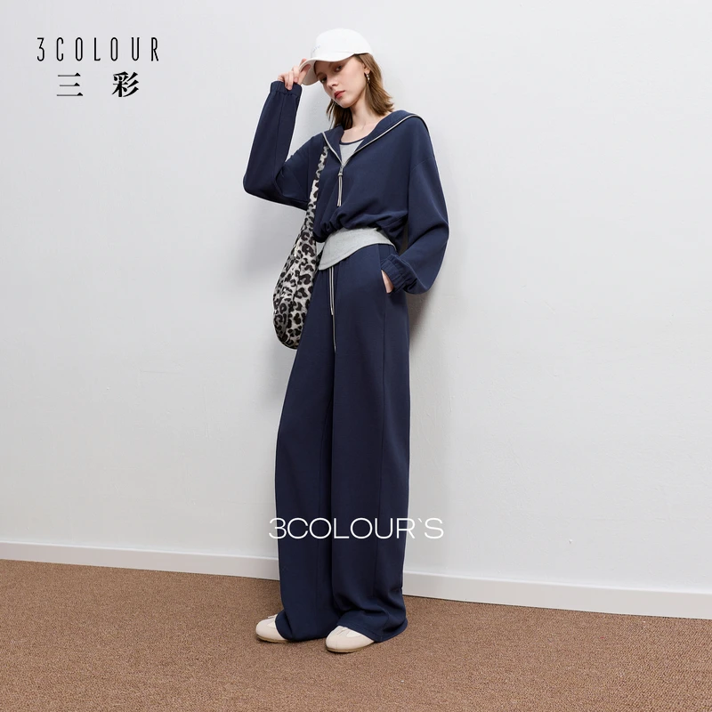 三彩2025秋季新款休闲三件套海军领外套T恤直筒裤套装长裤S