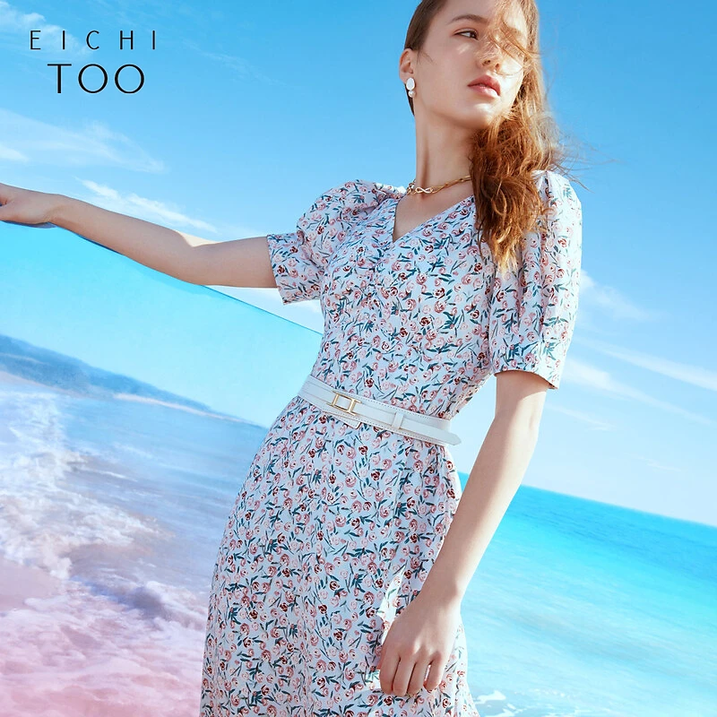 A爱居兔夏季女装通勤风撞色花纹高腰短袖连衣裙裙子EQLBJ2L011A