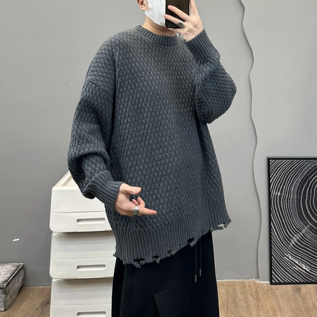 毛衣下摆破边设计秋冬季毛衫圆领纯色上衣潮
