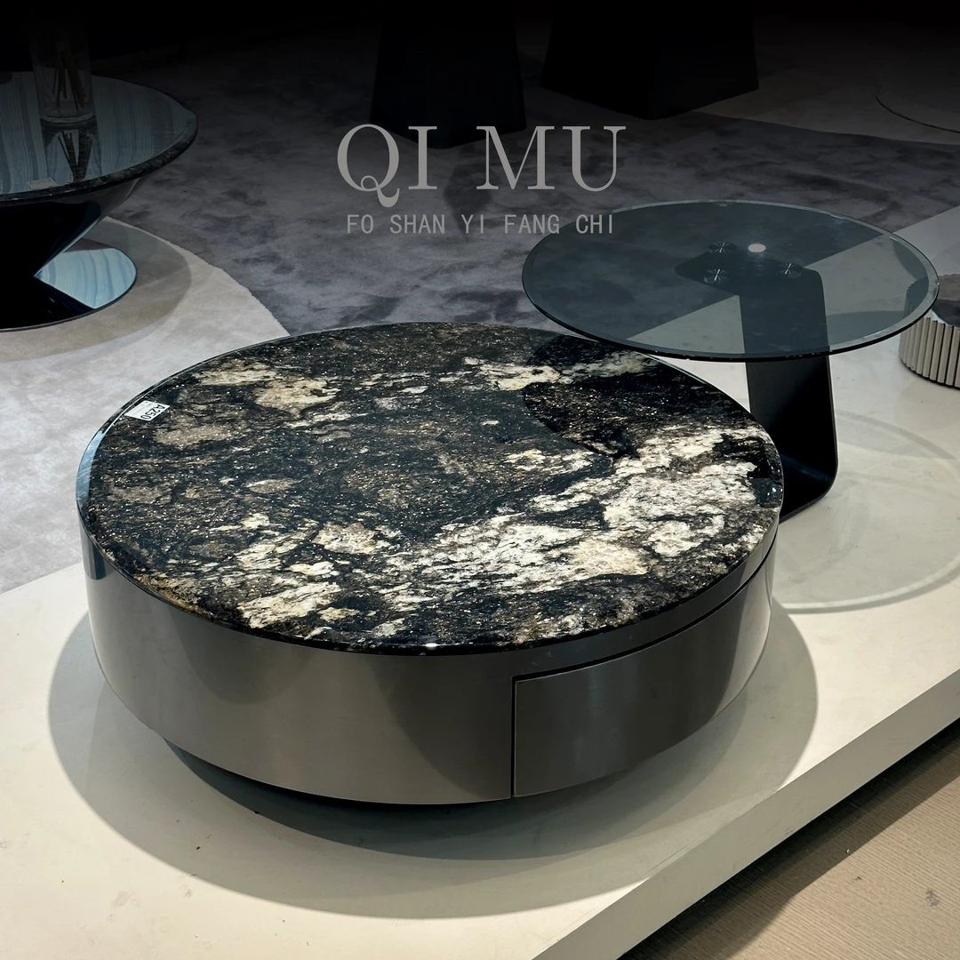【单抽茶几】意式天然奢石茶几高级感圆形茶几客厅家用储物茶几组合