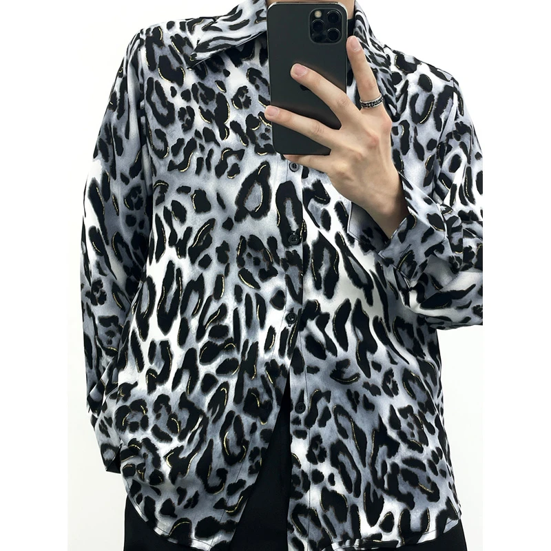 设计感复古豹纹长袖休闲衬衫男士春夏美式垂感尖领冰丝百搭衬衣潮