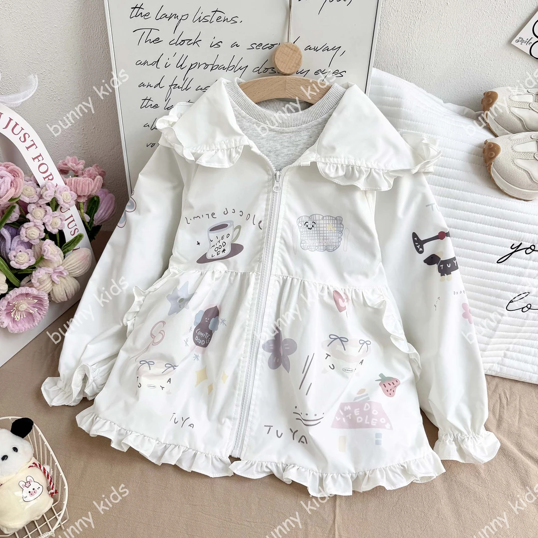 儿童外套春季新款韩版女童连帽外套卡通印花拉链荷叶边潮流百搭