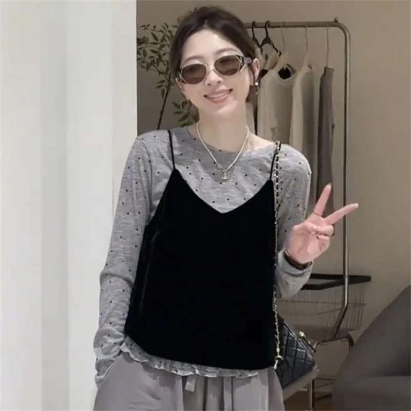 法式气质波点长袖T恤黑色丝绒吊带两件套套装2025早秋新款百搭潮